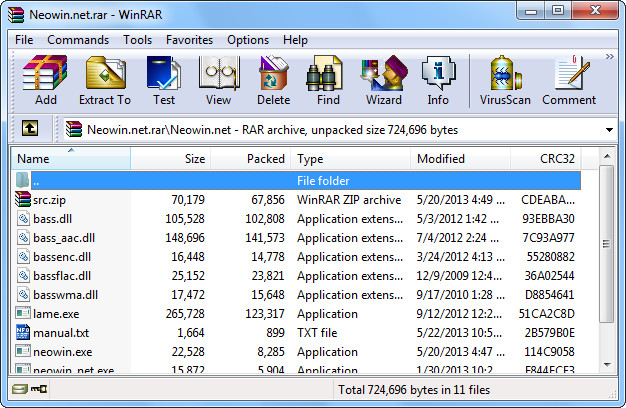 WinRAR 软件界面：压缩文件列表与工具栏